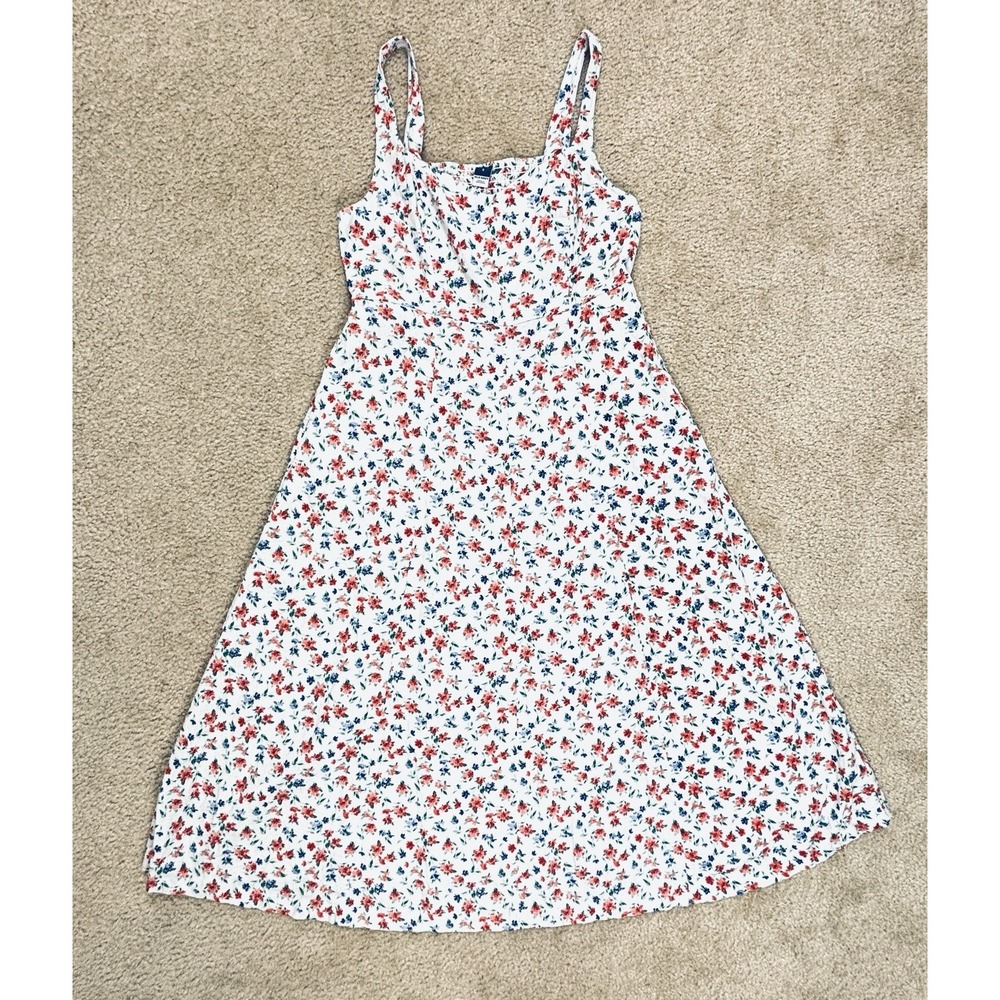 Old Navy Fit & Flare Ditzy Floral Linen-Blend Sun Dress S White Red Blue Pocket